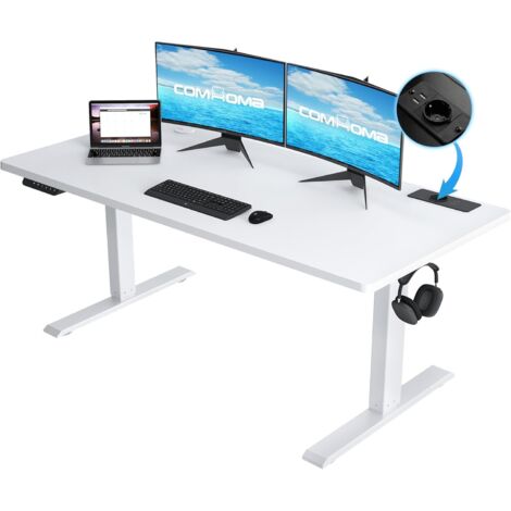 Bureau Assis Debout Électrique 140 60cm, Table Réglable en Hauteur, Fonction Mémoire 2 Hauteurs, pour Le Bureau, la Chambre, Blanc (1/5)