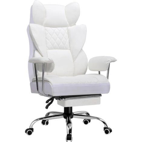 Chaise Gaming, Ergonomique Fauteuil de Bureau avec Support Lombaire à Ressorts ensachés, Siège Large avec Accoudoirs Souple et Repose-Pieds, Réglable en Hauteur, Cuir Blanc