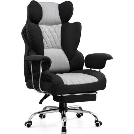 Chaise Gaming, Ergonomique Fauteuil de Bureau avec Support Lombaire à Ressorts ensachés, Siège Large avec Accoudoirs Souple et Repose-Pieds, Réglable en Hauteur, Tissu Noir-Gris