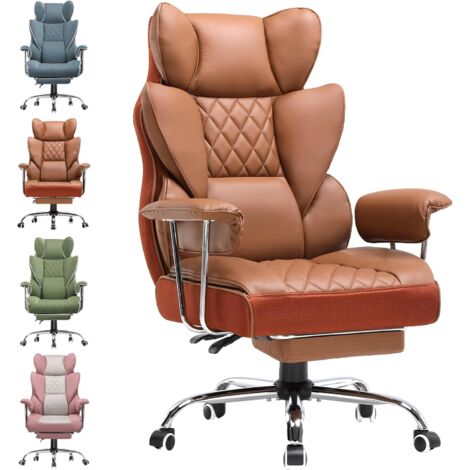 Chaise Gaming, Ergonomique Fauteuil de Bureau avec Support Lombaire à Ressorts ensachés, Siège Large avec Accoudoirs Souple et Repose-Pieds, Réglable en Hauteur, Cuir Brun
