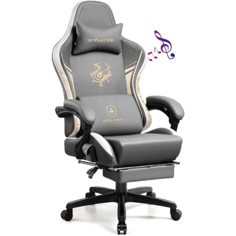 GTPLAYER Chaise Gaming, Ergonomique Chaise Bureau Dragon Series avec Haut-Parleur Bluetooth et Repose-Pieds Rétractable, Fauteuil pivotant en Cuir Joliment brodée, Inclinable, Gris