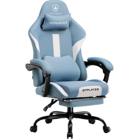 Chaise Gaming, Chaise de Gamer, Chaise de Bureau Respirante en Tissu de Haute Qualité, Chaise PC Ergonomique, Chaise de Bureau Réglable et Pivotante avec Repose-Pieds, Bleu