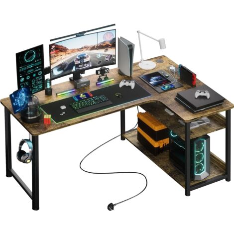 Comhoma – Bureau d'angle gamer en L avec rangement – 2 étagères ajustables – Port USB et prise intégrée – Structure en acier – Carbone résistant aux rayures