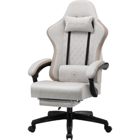 GTPLAYER Chaise de gaming ergonomique avec surface en tissu, coussin de siège à ressort, accoudoirs de connexion et repose-pieds, Beige brun