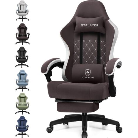 GTPLAYER Chaise de gaming ergonomique avec surface en tissu, coussin de siège à ressort, accoudoirs de connexion et repose-pieds, Brun