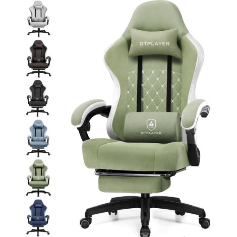 GTPLAYER Chaise de gaming ergonomique avec surface en tissu, coussin de siège à ressort, accoudoirs de connexion et repose-pieds,Vert