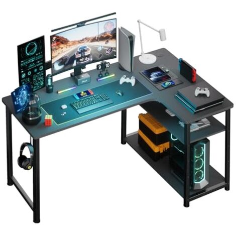Comhoma – Bureau gaming d'angle en forme de L avec étagères réglables – Structure en acier 20mm – Fibre de carbone résistante aux rayures – 100L80P74H