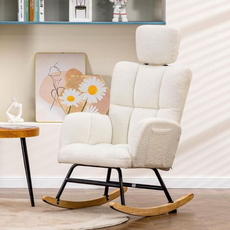 Fauteuil à Bascule, Fauteuil de Relaxation, avec accoudoirs Appui-tête, en Peluche Peluche, Charge maximale : 150 kg, Chaise Longue de Jardin pour Chambre à Coucher, Salon, Beige (1/5)