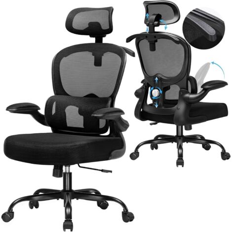 Chaise de Bureau Ergonomique, Fauteuil avec Appui-tête 3D et Support Lombaire, Design Intégré avec Porte-vêtements, Accoudoirs Rabattables, Siège Rembourré en Maille Respirante