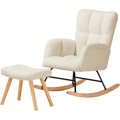Fauteuil à Bascule, Fauteuil de Relaxation, avec accoudoirs, en Peluche Peluche, Charge maximale : 150 kg, Chaise Longue de Jardin pour Chambre, Beige avec Repose-Pieds (1/5)