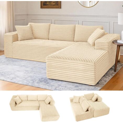 Comhoma – Canapé d'angle modulable 105" – Assise profonde – Mousse haute densité – Base antidérapante – Installation simple – Velours côtelé beige (1/5)