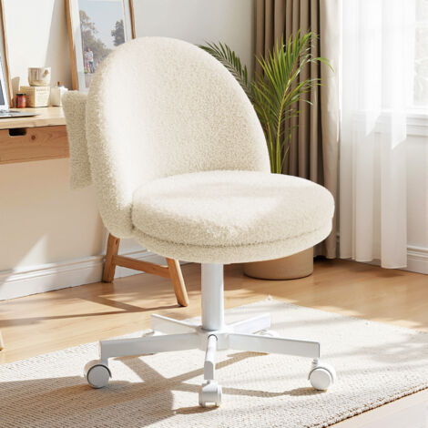 Chaise de maquillage, chaise de bureau, pivotante, sans accoudoirs, avec support dorsal, chaise de bureau confortable sur roulettes, hauteur réglable, en molleton blanc. (1/5)