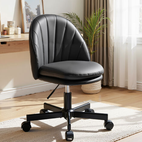 Chaise de maquillage, chaise de bureau, pivotante, sans accoudoirs, avec soutien dorsal, chaise de bureau confortable sur roulettes, hauteur réglable, en cuir synthétique, Noir. (1/5)