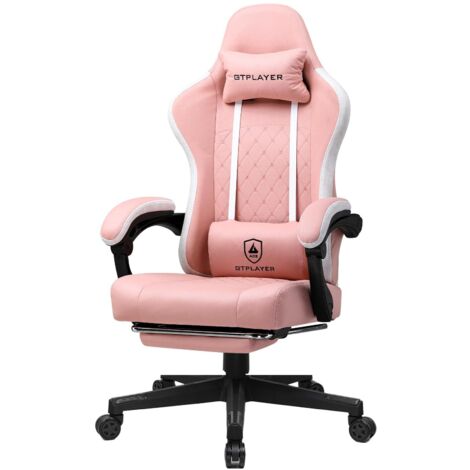 GTPLAYER Chaise de gaming ergonomique avec surface en tissu, coussin de siège à ressort, accoudoirs de connexion et repose-pieds Rose