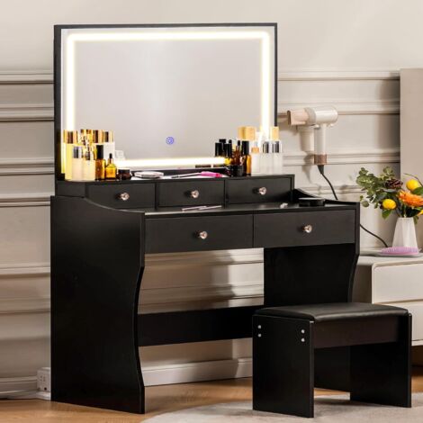 Comhoma – Coiffeuse enfant avec miroir LED réglable – Table de maquillage 40 x 80 x 135 cm – 5 tiroirs et tabouret rembourré (1/5)