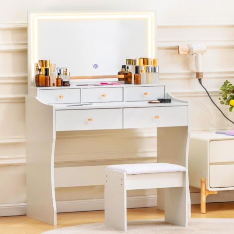 Comhoma – Coiffeuse enfant avec miroir LED réglable – Table de maquillage 40 x 80 x 135 cm – 5 tiroirs et tabouret rembourré (1/5)
