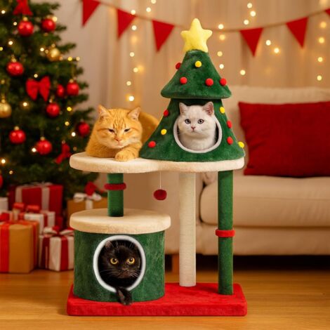 Arbre à chat 123 cm design sapin de Noël. Structure stable avec poteaux à griffer, maison à étages, plateformes et balle. (1/5)
