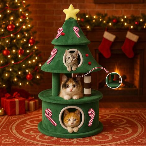 Arbre à chat 144 cm design sapin. Griffoir à niveaux avec maisonnette, plateformes et balles. Structure stable, couleur verte. (1/5)