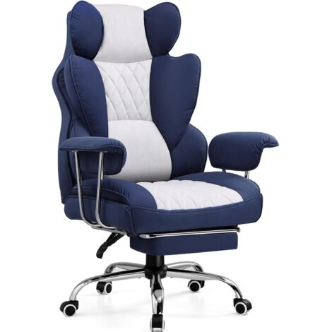 Chaise Gaming, Ergonomique Fauteuil de Bureau avec Support Lombaire à Ressorts ensachés, Siège Large avec Accoudoirs Souple et Repose-Pieds, Réglable en Hauteur,Tissu Bleu foncé-Blanc