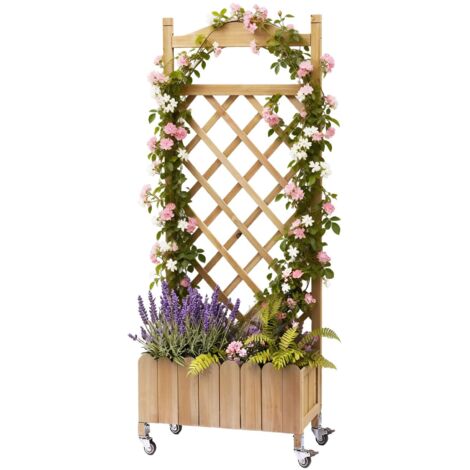Jardinière à Treillis sur Roulettes, Bac Bois avec Trous Drainage, 49x28x116cm, Résistant Intempéries - Beige (1/5)