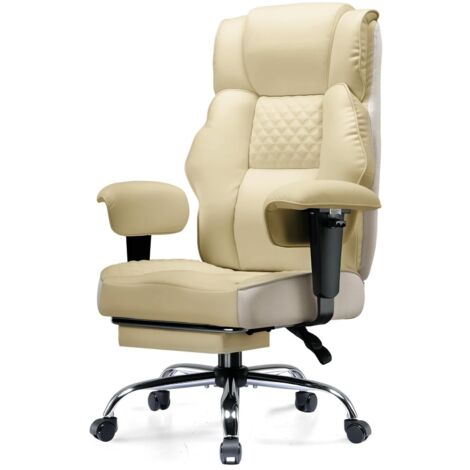 Chaise Gaming Ergonomique Large en Simili-Cuir, Ressorts Ensachés, Fauteuil Bureau Pivotant avec Repose-Pieds Réglable - Ivoire