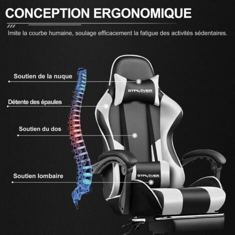 Chaise Gaming, Fauteuil Gamer avec Massage Lombaire, Chaise de Gaming Repose-Pieds Rétractable, Dossier Inclinable à 135°, Siège Confortable en Cuir, Chaise Bureau, Charge 150 kg, Blanc