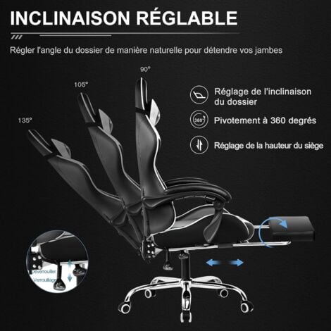 Chaise Gaming, Fauteuil Gamer avec Massage Lombaire, Chaise de Gaming Repose-Pieds Rétractable, Dossier Inclinable à 135°, Siège Confortable en Cuir, Chaise Bureau, Charge 150 kg, Blanc