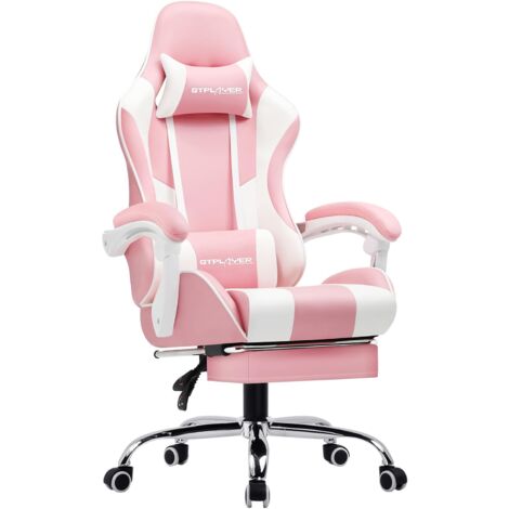 Chaise gaming ergonomique simili cuir PU rose – Dossier réglable 135° – Accoudoirs rembourrés – Coussin lombaire et appuie-tête inclus