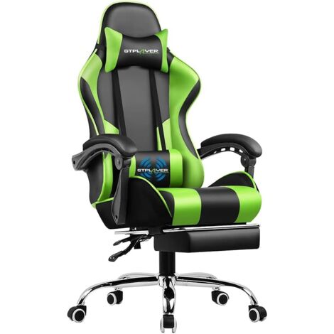 Chaise gaming ergonomique simili cuir vert – Dossier réglable 135° – Hauteur ajustable – Repose-pieds rétractable – Accoudoirs rembourrés