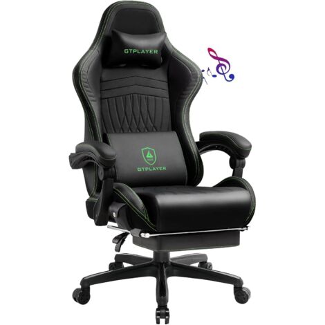 Chaise gaming ergonomique en cuir PU avec haut-parleurs Bluetooth – Accoudoirs synchronisés – Coussin lombaire – Siège pivotant confortable