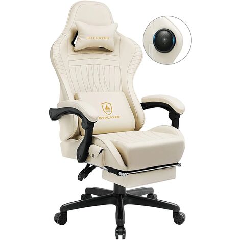 Chaise gaming ergonomique avec repose-pieds et haut-parleurs Bluetooth – Accoudoirs synchronisés – Coussin lombaire – Ivoire