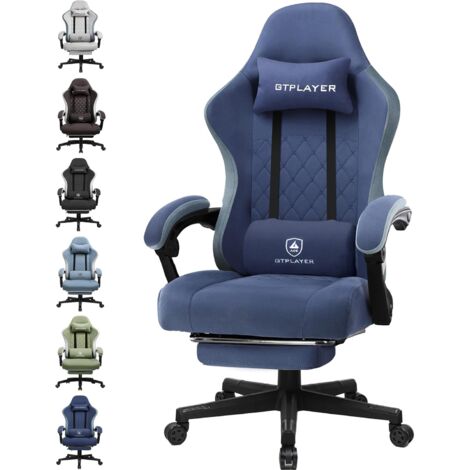 GTPLAYER Chaise de gaming ergonomique avec surface en tissu, coussin de siège à ressort, accoudoirs de connexion et repose-pieds, Bleu foncé