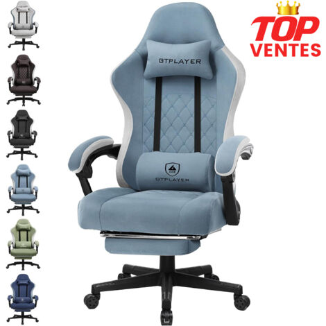 GTPLAYER Chaise de gaming ergonomique avec surface en tissu, coussin de siège à ressort, accoudoirs de connexion et repose-pieds, Bleu clair