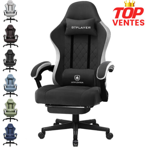 GTPLAYER Chaise de gaming ergonomique avec surface en tissu, coussin de siège à ressort, accoudoirs de connexion et repose-pieds,Noir