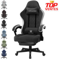 GTPLAYER Chaise de gaming ergonomique avec surface en tissu, coussin de siège à ressort, accoudoirs de connexion et repose-pieds,Noir