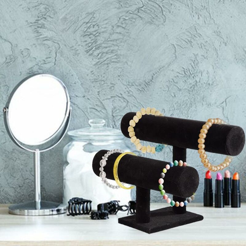 Présentoir à Bijoux 3 Niveaux En Velours Noir Et Métal Doré - Pour Bracelets, Colliers, Bagues, Montres