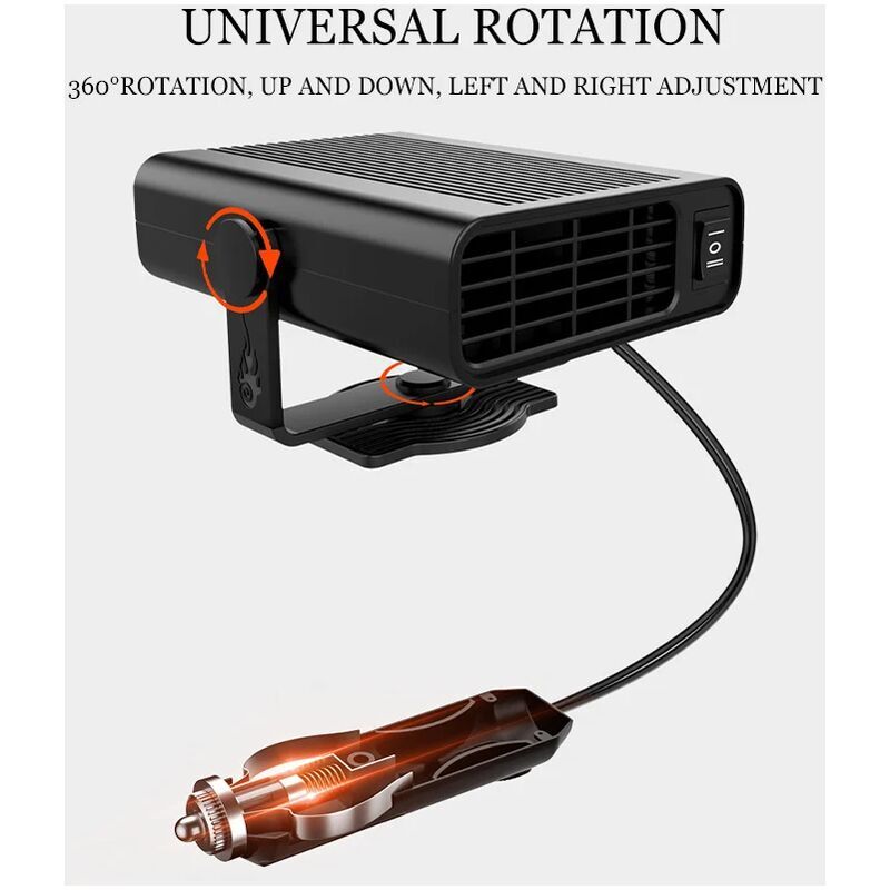 Chauffage Ventilateur De Voiture 12V - 2-en-1 Désembueur Et Dégivreur, 120W, Prise Allume-Cigare - Noir