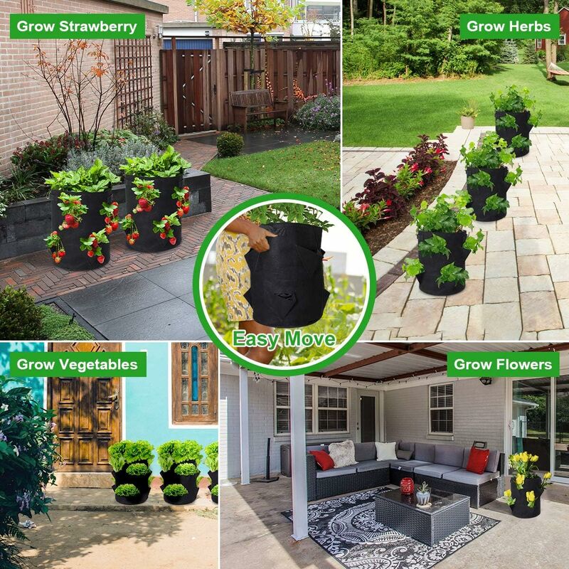 5 Sacs De Plantation 15L Liwein - Tissu Non Tissé Avec Poignées - Pour Légumes Et Plantes - Noir
