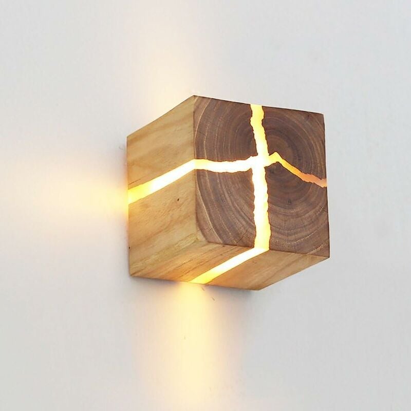 Applique en Bois 8cm Fissuré Naturel Design Original en Bois de Chêne Blanchi Applique Murale Créative Simple Décoration Carrée Applique Murale Veilleuse 5W