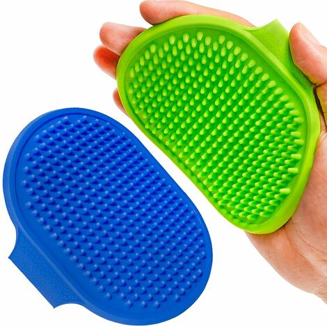 2 Pices Brosse de toilettage pour chien, shampoing pour animaux de compagnie, brosse de bain, massage apaisant, peigne en caoutchouc avec poignée en anneau réglable(bleu+vert) (1/5)