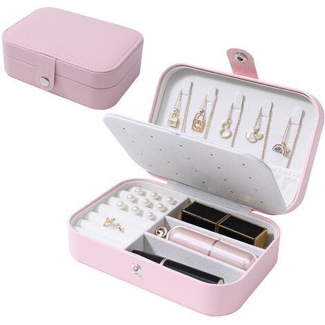 Boîte à Bijoux Voyage En Cuir PU - 2 Niveaux Amovibles, Serrure, Rangement Colliers/Bagues (23x17x9 Cm, Rose)
