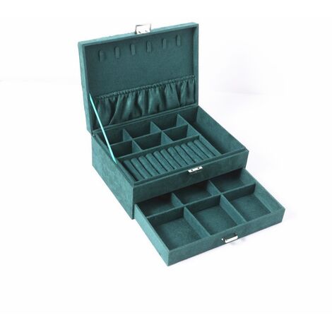 Boîte de rangement pour bijoux en velours grande capacité Vert(double tiroir 271910.5CM) (1/5)