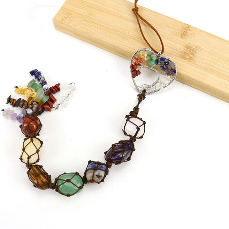 Chakra pierres arbre de vie ornement guérison naturelle 7 Chakra cristal suspendu ornement voiture fenêtre voiture maison Yoga décor(Section incurvée en forme de cœur argenté) (1/5)