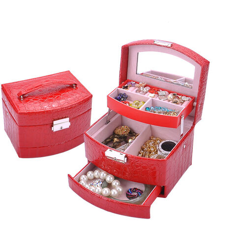 Boîte à bijoux pour femme, boîte à bijoux de voyage portable en cuir verrouillable à 3 niveaux avec miroir et serrure pour filles, bague, boucles d'oreilles, collier(rouge) (1/5)