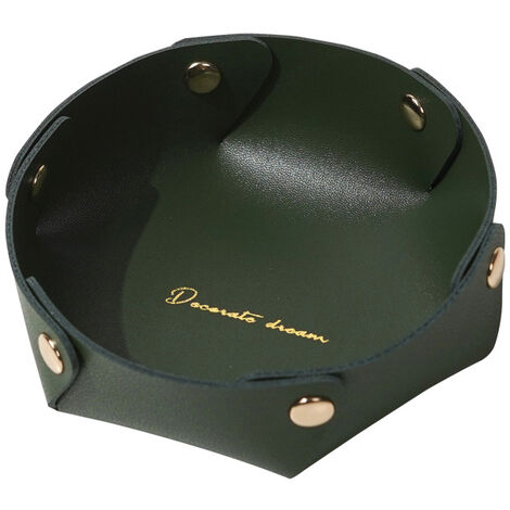 Plateau rond en cuir, plateau de rangement en cuir, plateau à bijoux en simili cuir, plateau de rangement pour pièces de monnaie pour clés, montres, fournitures de bureau, bijoux(vert foncé) (1/5)