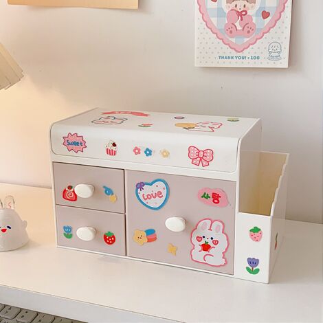 Organisateur de bureau mignon Rangement de papeterie avec tiroirs et autocollants, Organisateur de soins de la peau anti-poussière Boîte de rangement en plastique pour école de bureau(rose) (1/5)