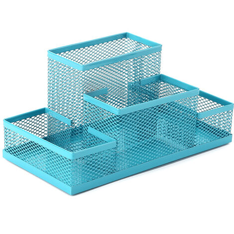 Porte-stylo organisateur de bureau en métal multifonctionnel avec boîte de rangement de papeterie à tiroir coulissant en maille pour bureau à domicile(bleu) (1/5)