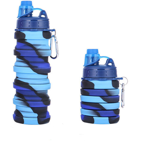 Bouteille d'eau en silicone étanche pliable portable pour enfants avec bandoulière pour filles(Camouflage bleu A) (1/5)