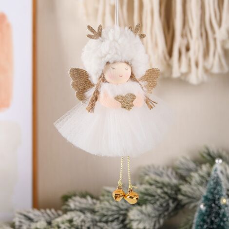Ornements de pendentif d'arbre de Noël pendentifs d'ange de Noël, pendentif charmes d'arbre de Noël fête de Noël charmes d'arbre de Noël（Ange avec chapeau blanc et bois）