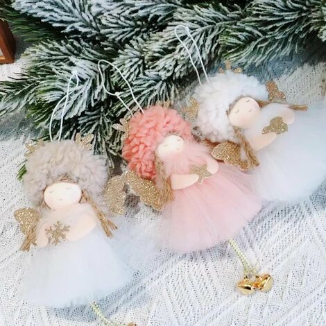 Ornements de pendentif d'arbre de Noël pendentifs d'ange de Noël, pendentif charmes d'arbre de Noël fête de Noël charmes d'arbre de Noël（Ange avec chapeau blanc et bois）